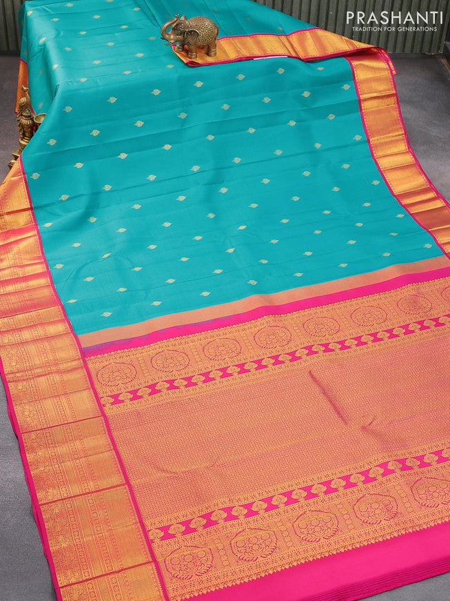 Pure kanjivaram silk saree teal blue and pink with zari woven buttas and long zari woven border - {{ collection.title }} by Prashanti Sarees