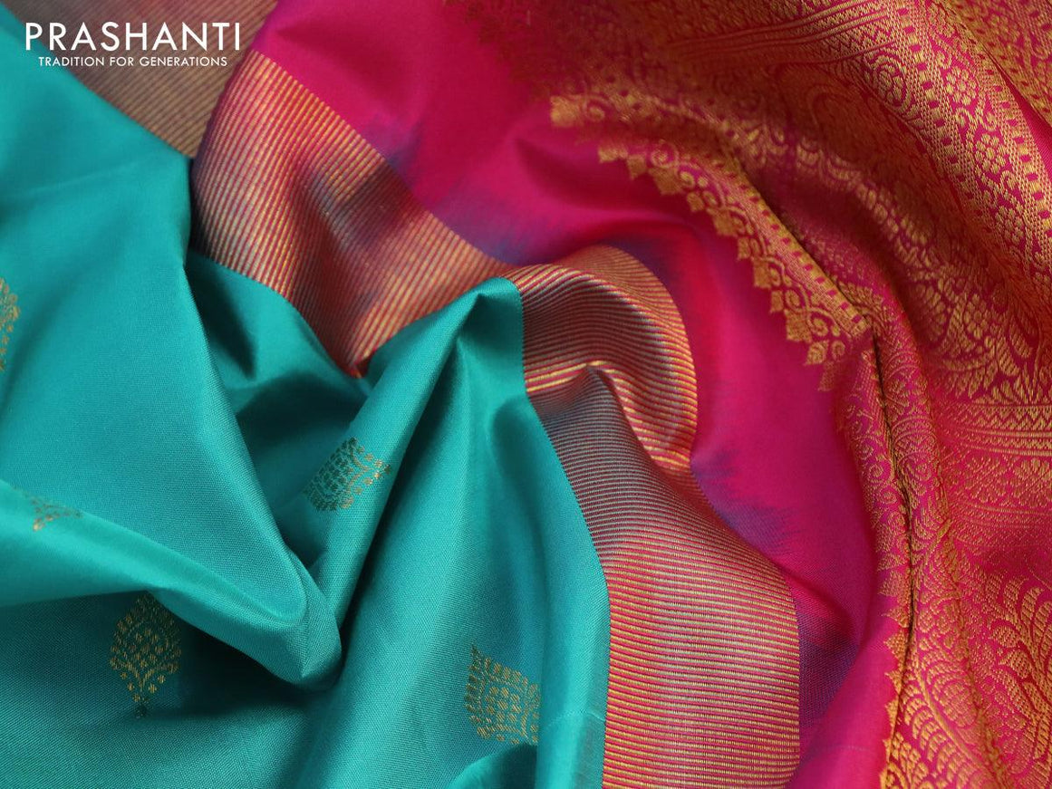 Pure kanjivaram silk saree teal blue and pink with zari woven buttas and long zari woven border - {{ collection.title }} by Prashanti Sarees