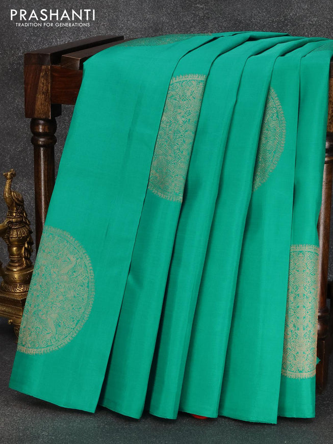 Pure kanjivaram silk saree teal blue and red with zari woven buttas in borderless style - {{ collection.title }} by Prashanti Sarees