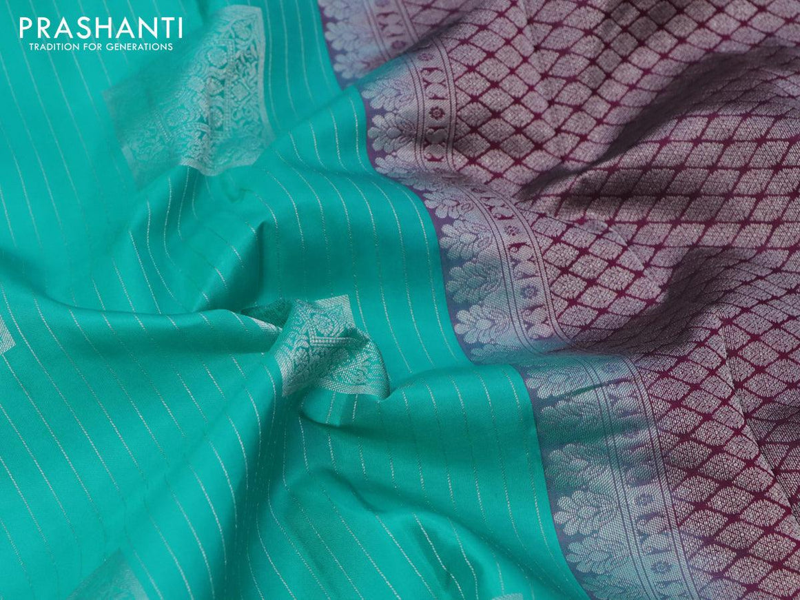 Pure kanjivaram silk saree teal blue and wine shade with allover silver zari weaves in borderless style - {{ collection.title }} by Prashanti Sarees