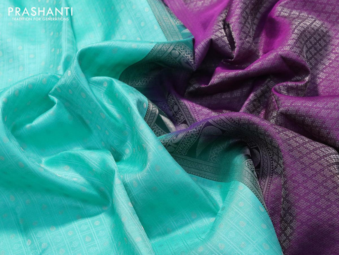 Pure kanjivaram silk saree teal blue shade and deep purple with allover self emboss & silver zari buttas and silver zari woven border - {{ collection.title }} by Prashanti Sarees