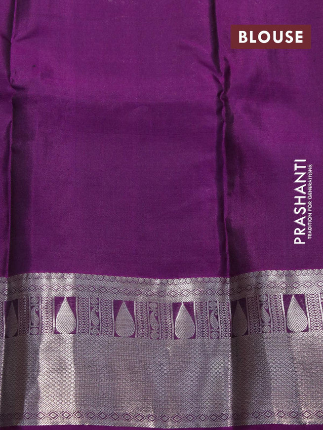 Pure kanjivaram silk saree teal blue shade and deep purple with allover self emboss & silver zari buttas and silver zari woven border - {{ collection.title }} by Prashanti Sarees