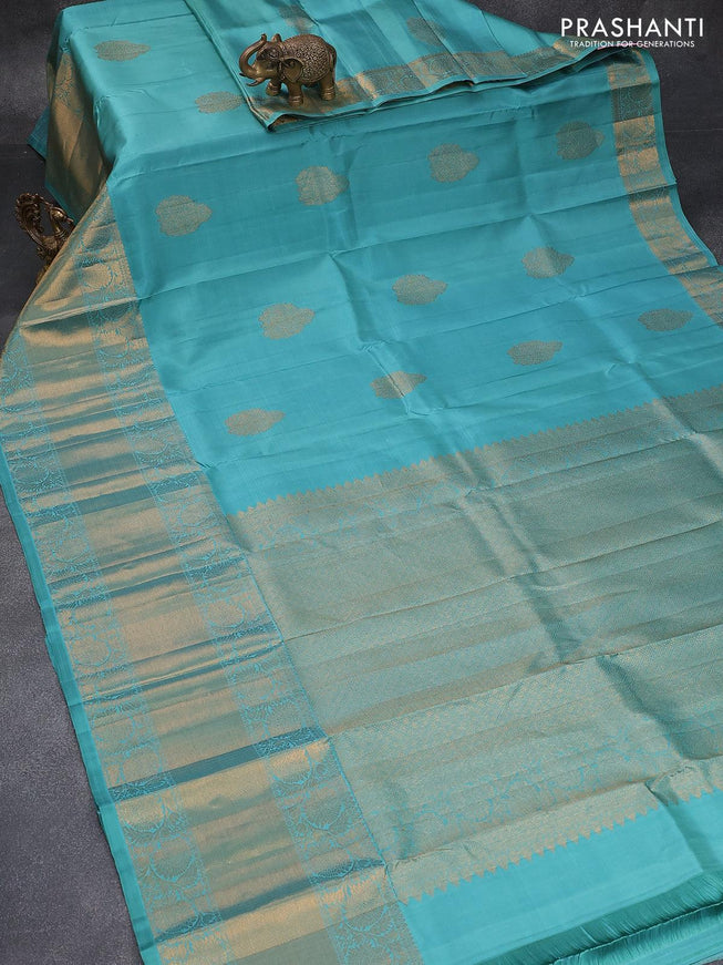 Pure kanjivaram silk saree teal blue shade with zari woven buttas and long zari woven border - {{ collection.title }} by Prashanti Sarees