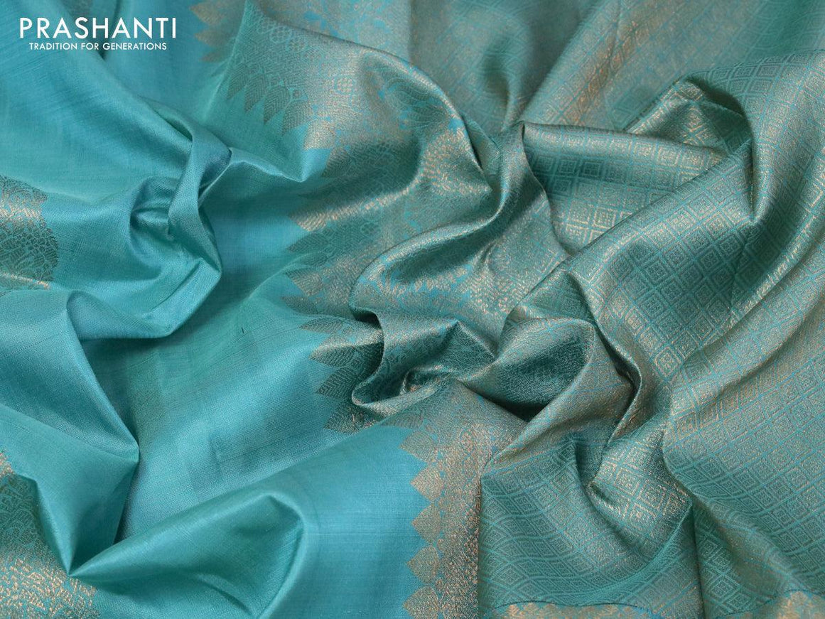 Pure kanjivaram silk saree teal blue shade with zari woven buttas and long zari woven border - {{ collection.title }} by Prashanti Sarees