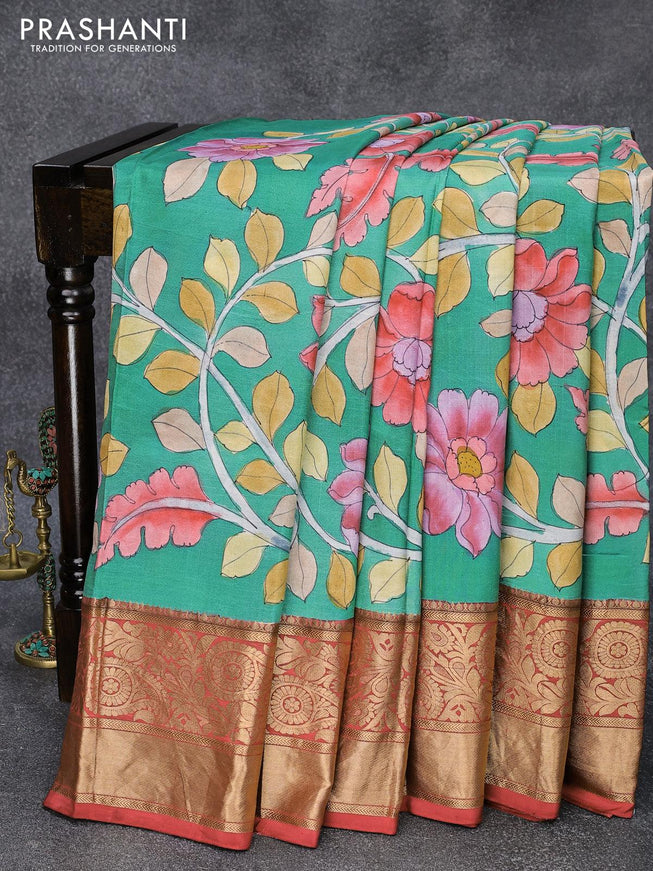 Pure kanjivaram silk saree teal green and maroon with allover kalamkari digital prints and zari woven border - {{ collection.title }} by Prashanti Sarees