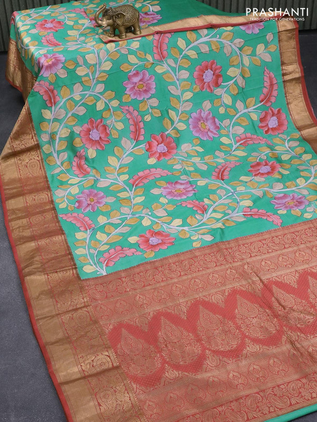 Pure kanjivaram silk saree teal green and maroon with allover kalamkari digital prints and zari woven border - {{ collection.title }} by Prashanti Sarees