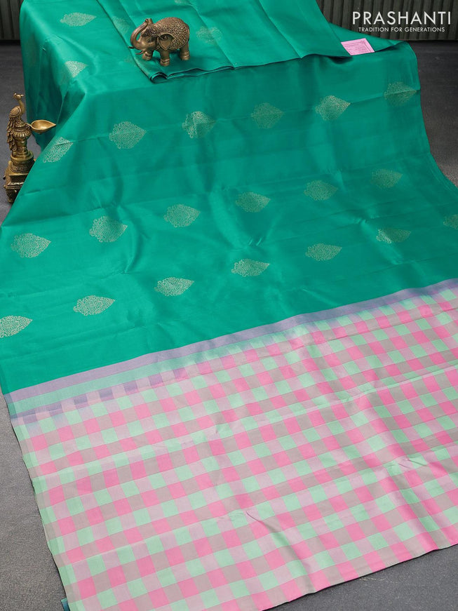 Pure kanjivaram silk saree teal green and multi colour with zari woven buttas in borderless style - {{ collection.title }} by Prashanti Sarees