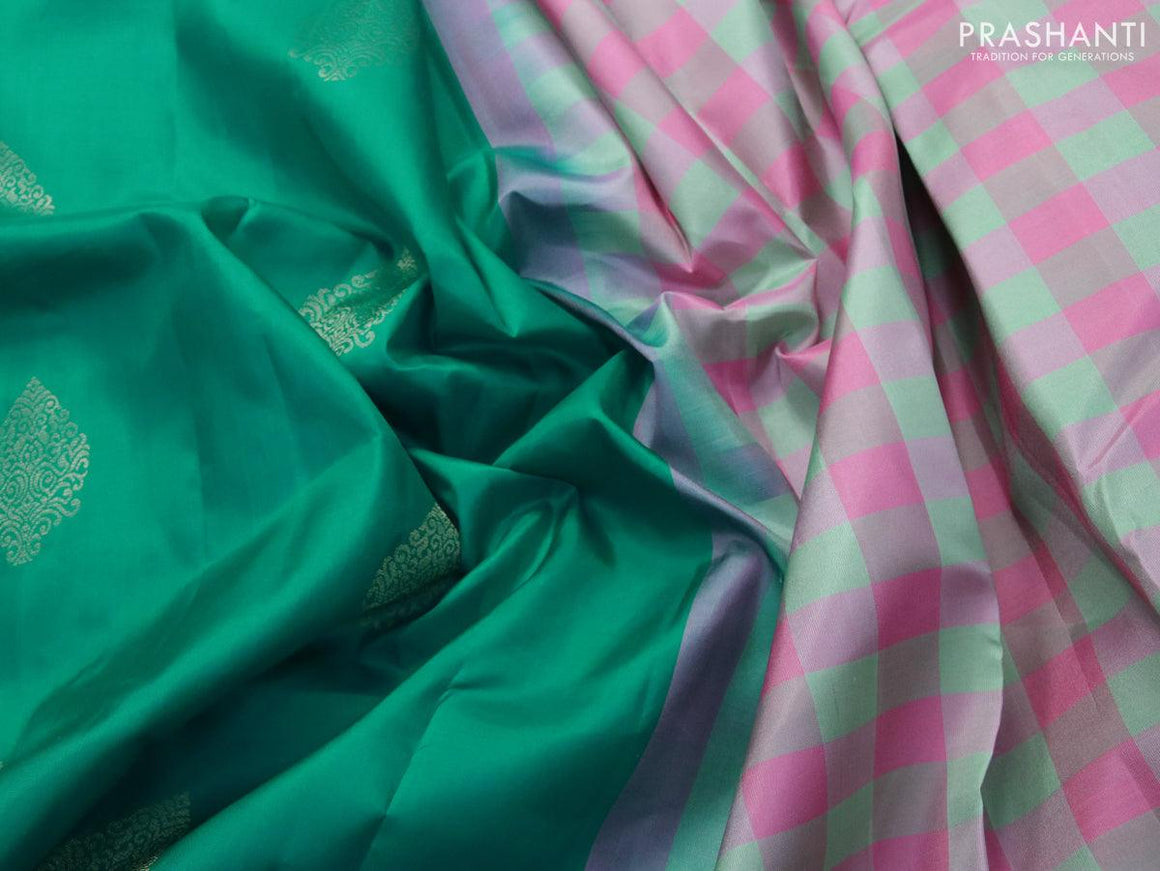Pure kanjivaram silk saree teal green and multi colour with zari woven buttas in borderless style - {{ collection.title }} by Prashanti Sarees