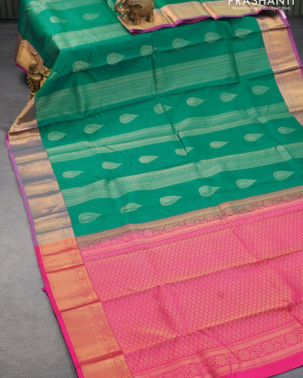 Pure kanjivaram silk saree teal green and pink with allover zari weaves and zari woven border - {{ collection.title }} by Prashanti Sarees