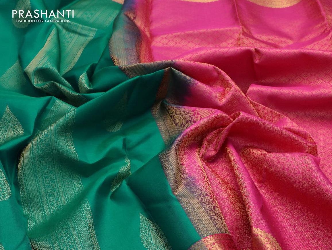 Pure kanjivaram silk saree teal green and pink with allover zari weaves and zari woven border - {{ collection.title }} by Prashanti Sarees