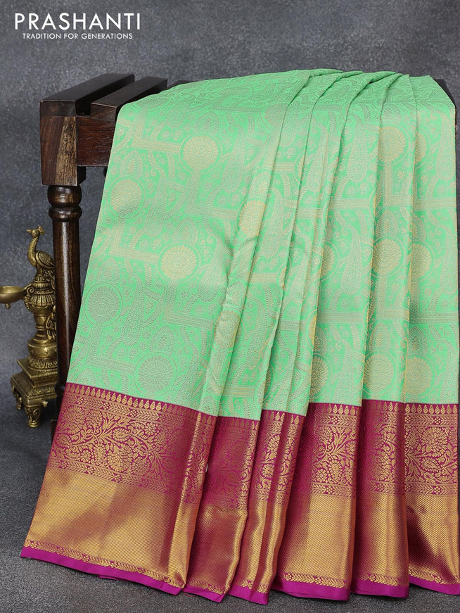 Pure kanjivaram silk saree teal green shade and dual shade of purple with allover zari woven brocade weaves and long zari woven border Brocade pattern - {{ collection.title }} by Prashanti Sarees
