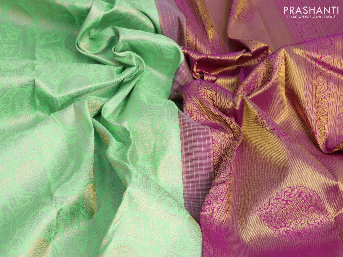 Pure kanjivaram silk saree teal green shade and dual shade of purple with allover zari woven brocade weaves and long zari woven border Brocade pattern - {{ collection.title }} by Prashanti Sarees