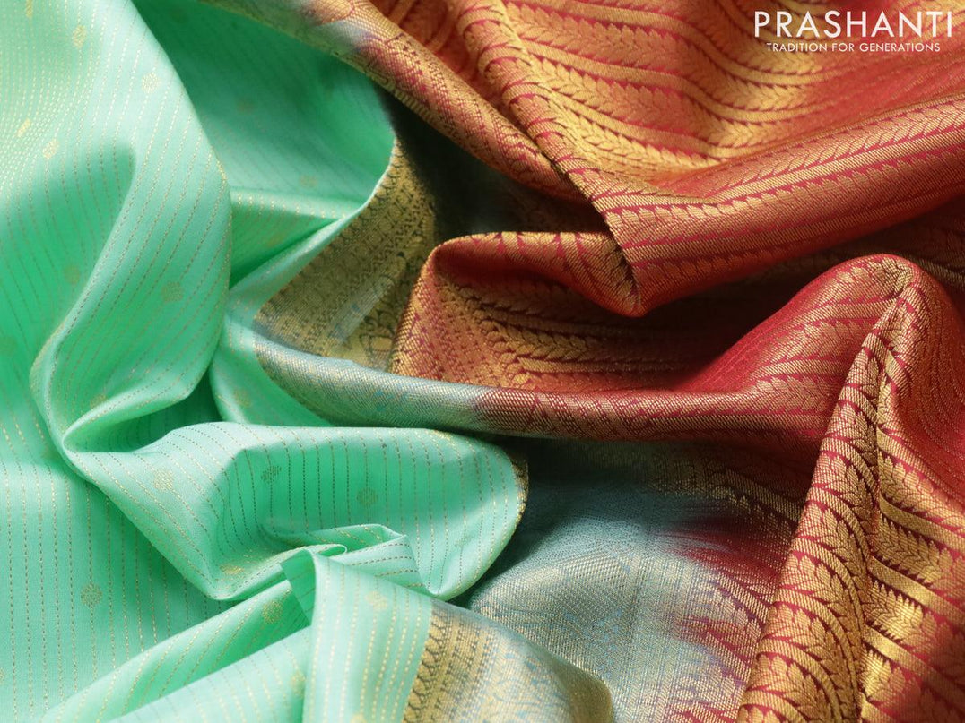 Pure kanjivaram silk saree teal green shade and red with allover zari weaves & buttas and long zari woven korvai border - {{ collection.title }} by Prashanti Sarees