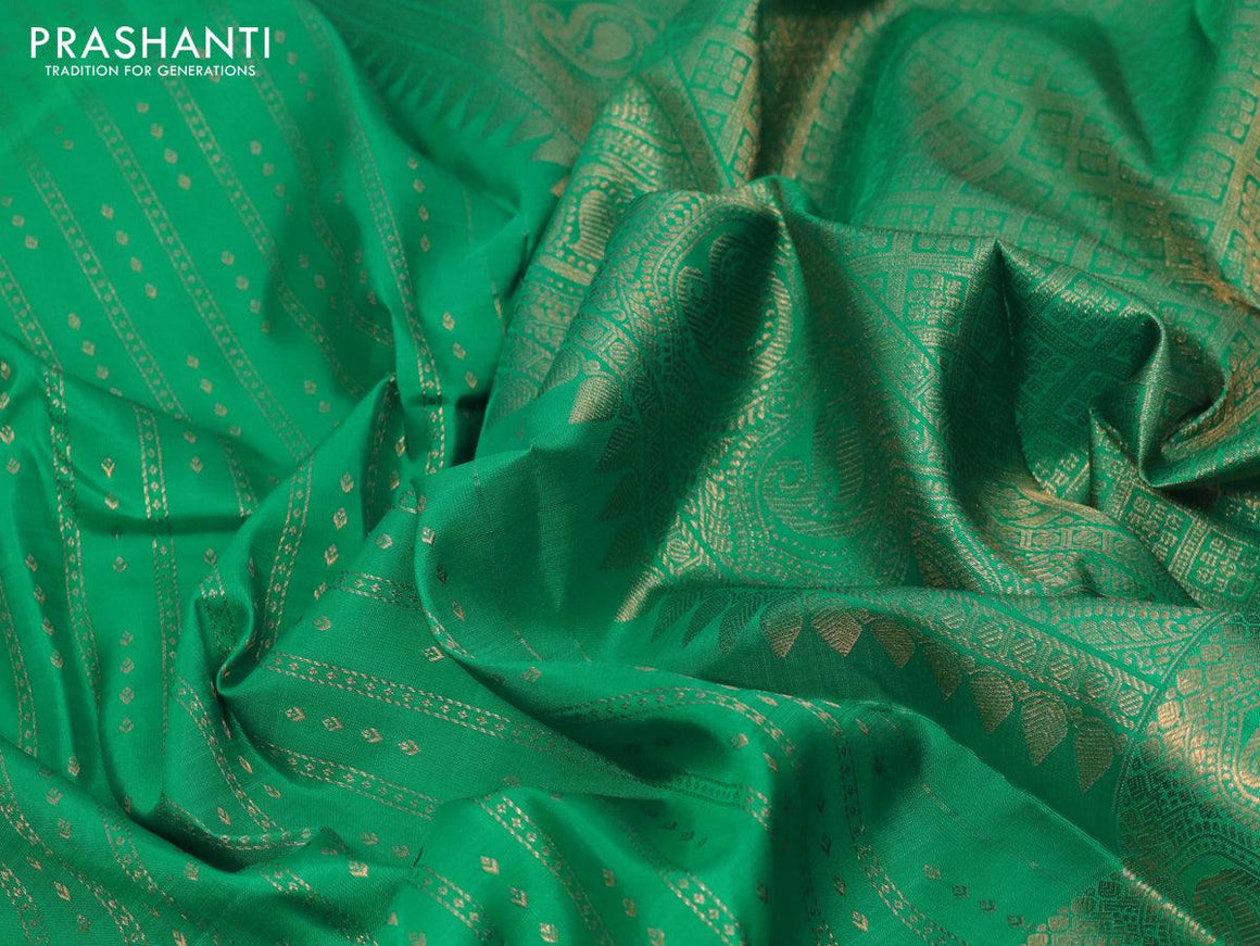 Pure kanjivaram silk saree teal green with allover zari weaves and long zari woven border - {{ collection.title }} by Prashanti Sarees