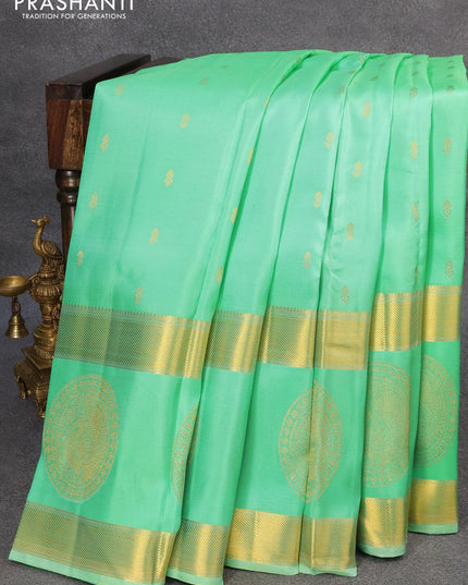 Pure kanjivaram silk saree teal green with zari woven buttas and long zari woven butta border - {{ collection.title }} by Prashanti Sarees