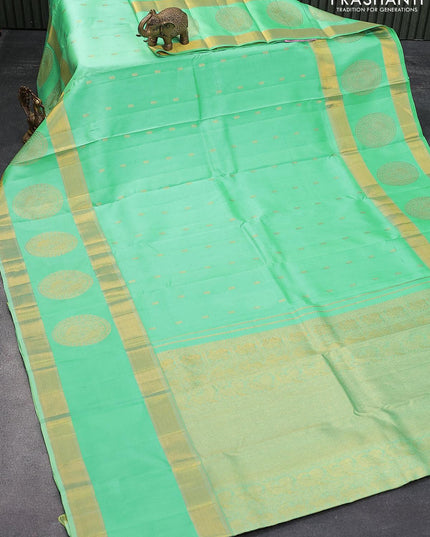 Pure kanjivaram silk saree teal green with zari woven buttas and long zari woven butta border - {{ collection.title }} by Prashanti Sarees