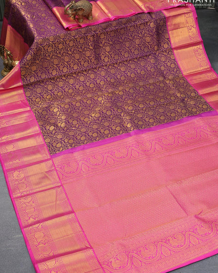 Pure kanjivaram silk saree violet and pink with allover zari woven brocade weaves and long zari woven annam border Brocade pattern - {{ collection.title }} by Prashanti Sarees
