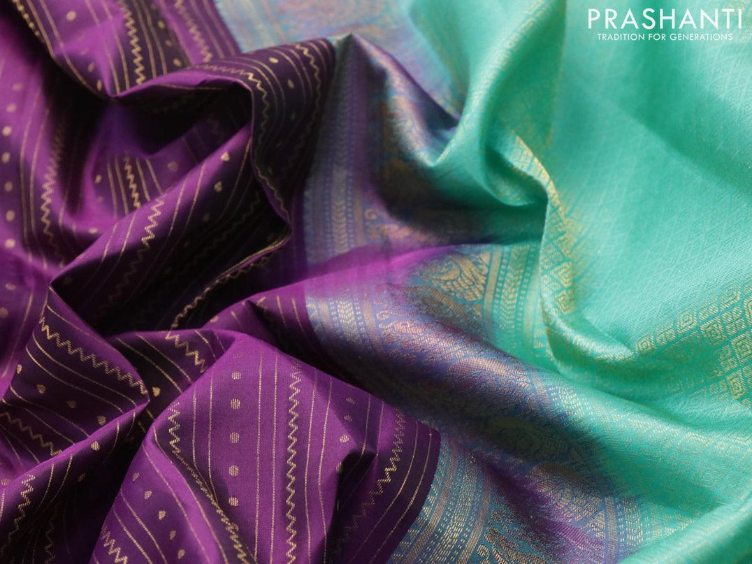 Pure kanjivaram silk saree violet and teal blue shade with allover zari weaves and annam zari woven korvai border - {{ collection.title }} by Prashanti Sarees