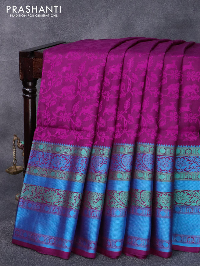 Pure kanjivaram silk saree wine shade with allover thread woven vanasingaram weaves and long thread woven border - {{ collection.title }} by Prashanti Sarees