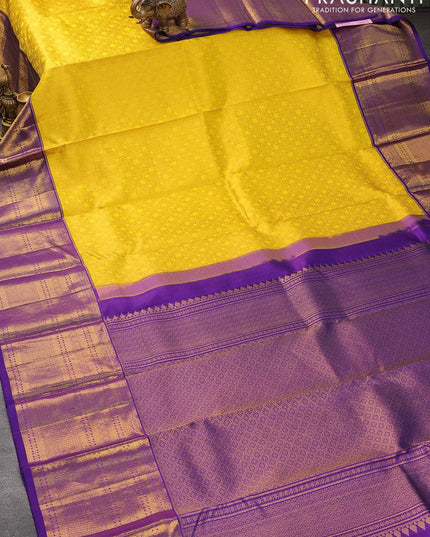 Pure kanjivaram silk saree yellow and blue with allover zari woven brocade pattern and long zari woven border - {{ collection.title }} by Prashanti Sarees