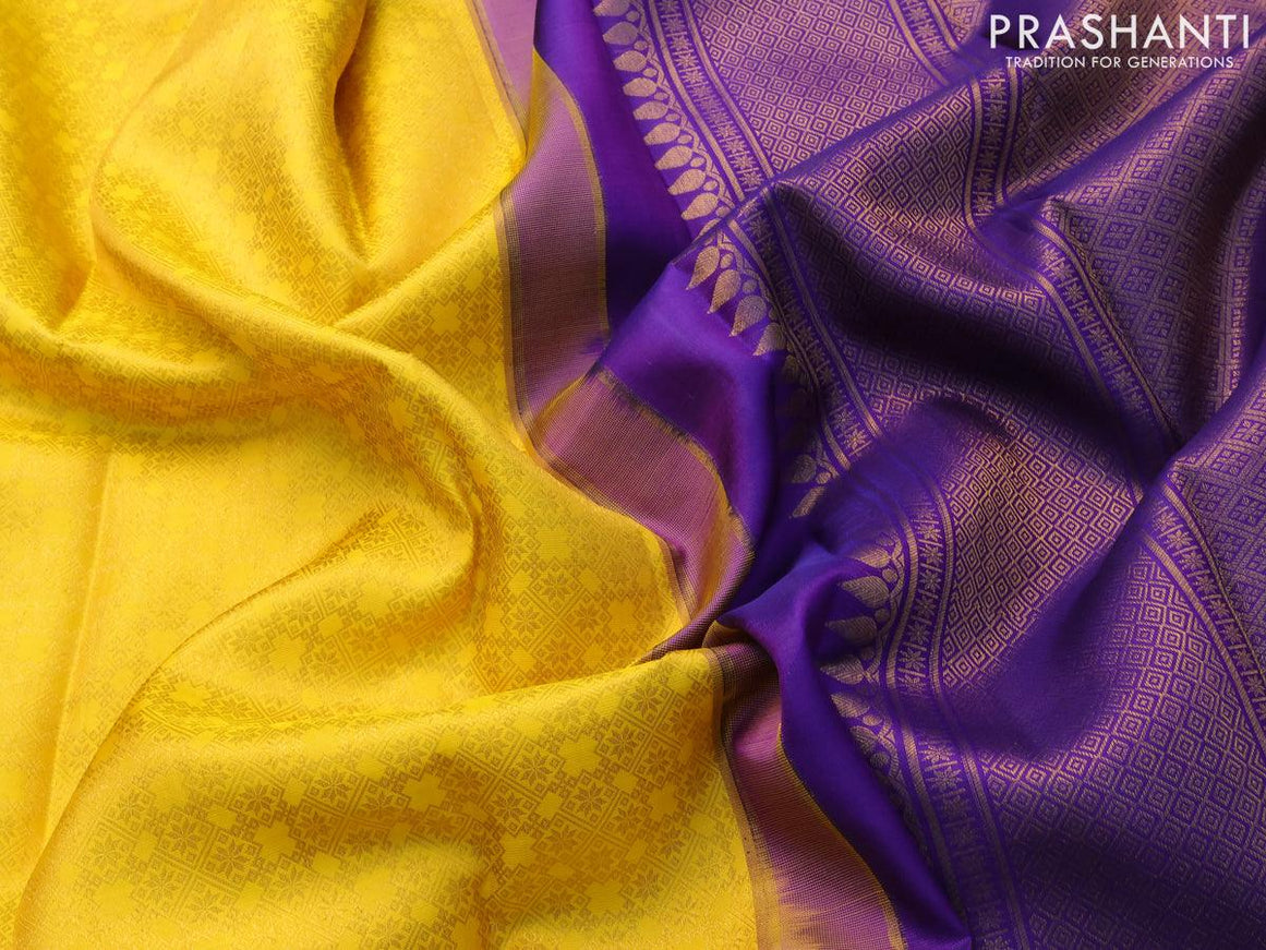 Pure kanjivaram silk saree yellow and blue with allover zari woven brocade pattern and long zari woven border - {{ collection.title }} by Prashanti Sarees