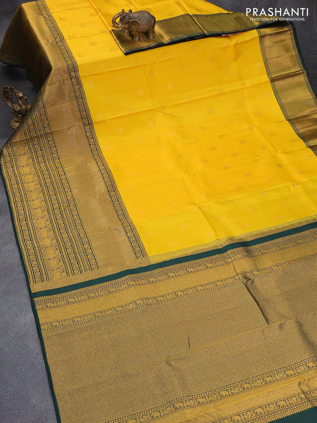 Pure kanjivaram silk saree yellow and bottle green with zari woven buttas and long zari woven border - {{ collection.title }} by Prashanti Sarees