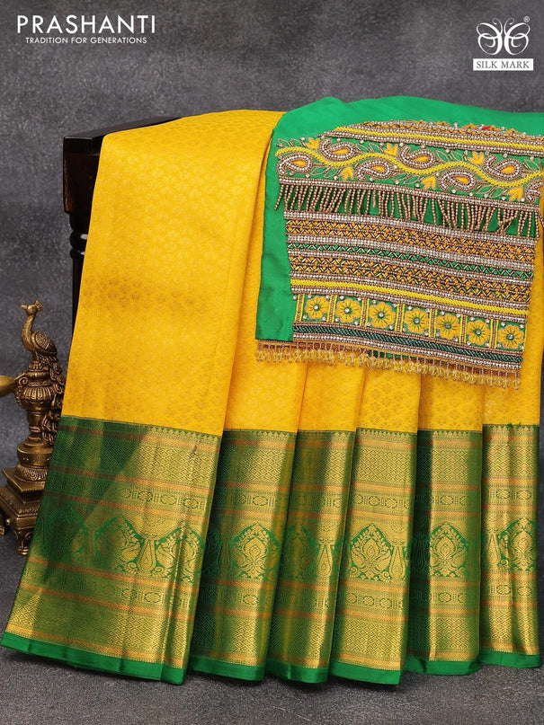 Pure kanjivaram silk saree yellow and green with allover zari woven brocade weaves and long zari woven border & embroidery work blouse - {{ collection.title }} by Prashanti Sarees
