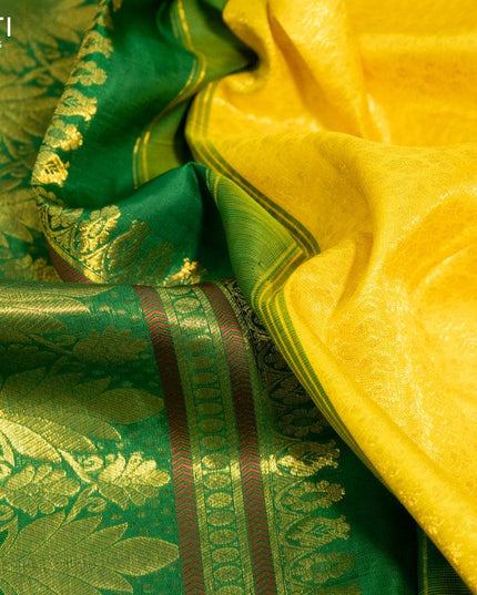 Pure kanjivaram silk saree yellow and green with allover zari woven brocade weaves and long zari woven border & embroidery work blouse - {{ collection.title }} by Prashanti Sarees