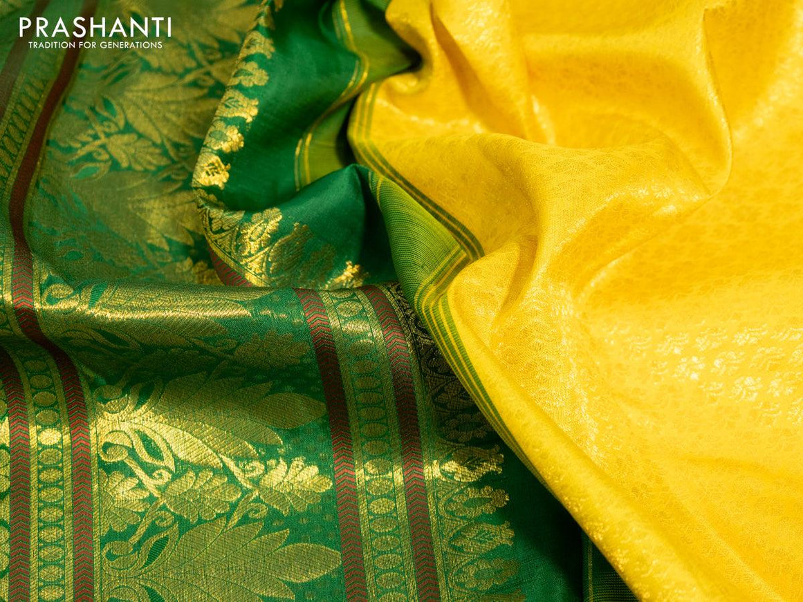 Pure kanjivaram silk saree yellow and green with allover zari woven brocade weaves and long zari woven border & embroidery work blouse - {{ collection.title }} by Prashanti Sarees