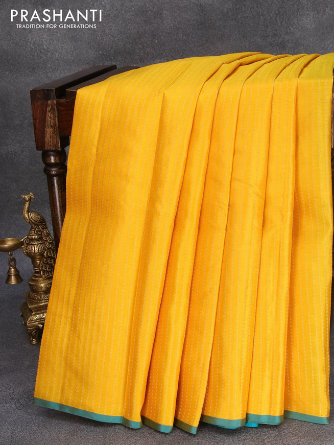 Pure kanjivaram silk saree yellow and light blue with allover zari weaves and piping border - {{ collection.title }} by Prashanti Sarees