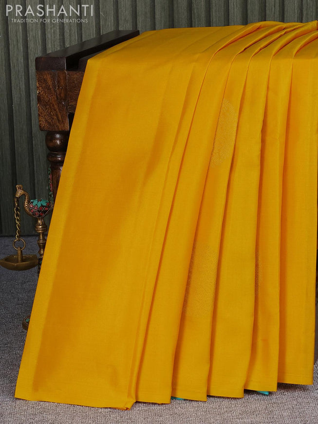 Pure kanjivaram silk saree yellow and light blue with zari woven buttas in borderless style - {{ collection.title }} by Prashanti Sarees