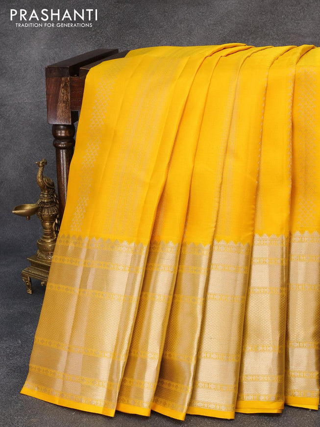 Pure kanjivaram silk saree yellow and light pink with allover silver zari weaves and long silver zari woven border - {{ collection.title }} by Prashanti Sarees
