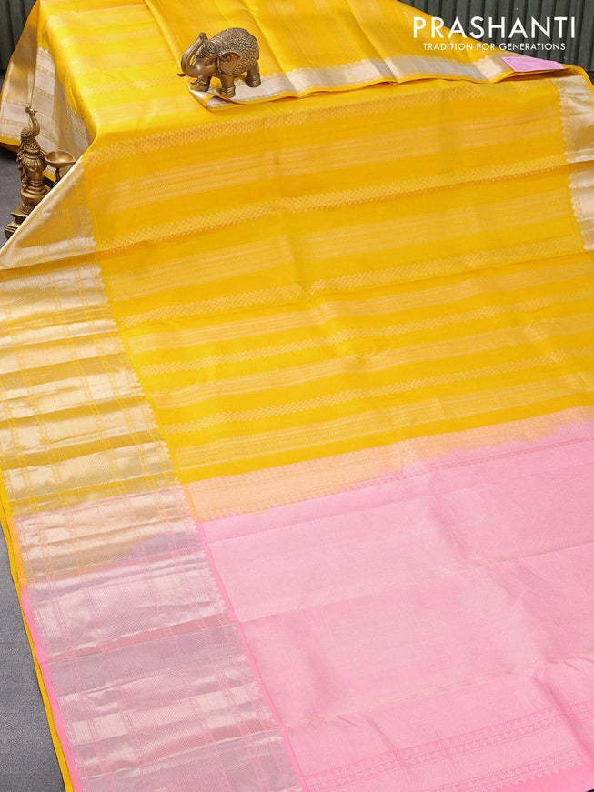 Pure kanjivaram silk saree yellow and light pink with allover silver zari weaves and long silver zari woven border - {{ collection.title }} by Prashanti Sarees