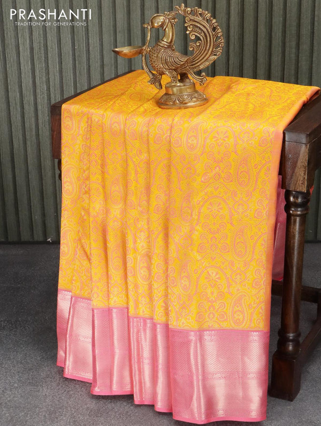 Pure kanjivaram silk saree yellow and light pink with allover thread & zari brocade paisley weaves and zari woven border - {{ collection.title }} by Prashanti Sarees