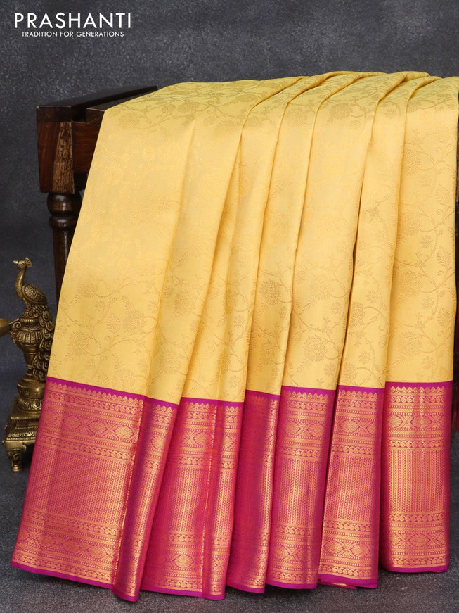 Pure kanjivaram silk saree yellow and pink with allover zari weaves and long zari woven border - {{ collection.title }} by Prashanti Sarees