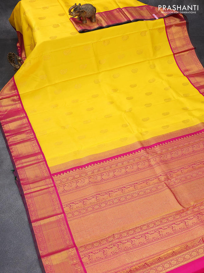 Pure kanjivaram silk saree yellow and pink with paisley zari woven buttas and zari woven border - {{ collection.title }} by Prashanti Sarees