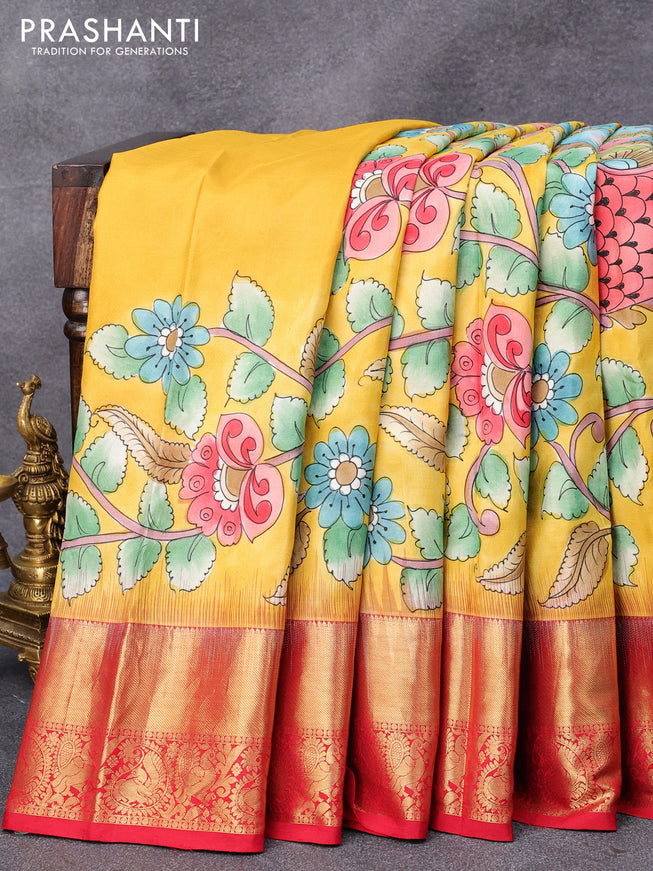 Pure kanjivaram silk saree yellow and red with allover kalamkari digital prints and annam zari woven border - {{ collection.title }} by Prashanti Sarees