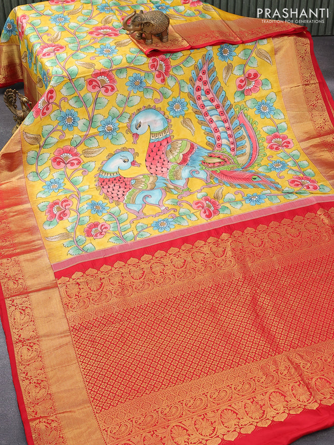 Pure kanjivaram silk saree yellow and red with allover kalamkari digital prints and annam zari woven border - {{ collection.title }} by Prashanti Sarees
