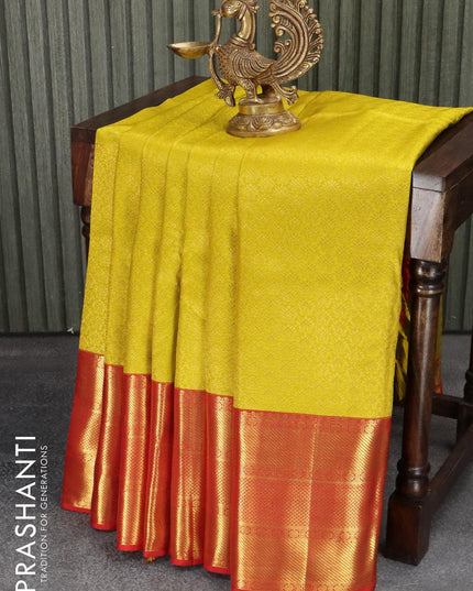 Pure kanjivaram silk saree yellow and red with allover zari weaves and long zari woven border - {{ collection.title }} by Prashanti Sarees