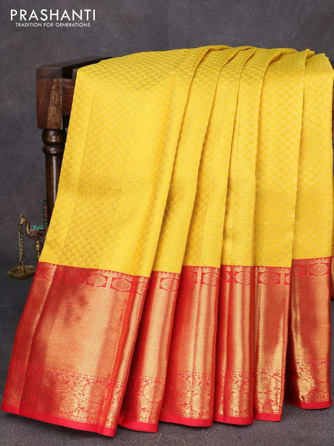 Pure kanjivaram silk saree yellow and red with allover zari woven butta weaves and long rich zari woven floral border - {{ collection.title }} by Prashanti Sarees