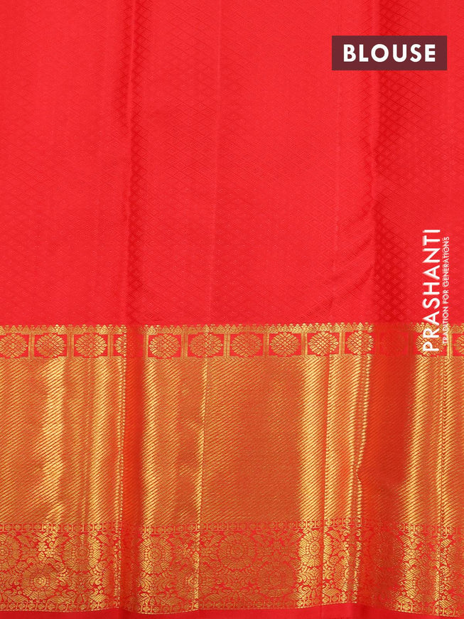Pure kanjivaram silk saree yellow and red with allover zari woven butta weaves and long rich zari woven floral border - {{ collection.title }} by Prashanti Sarees
