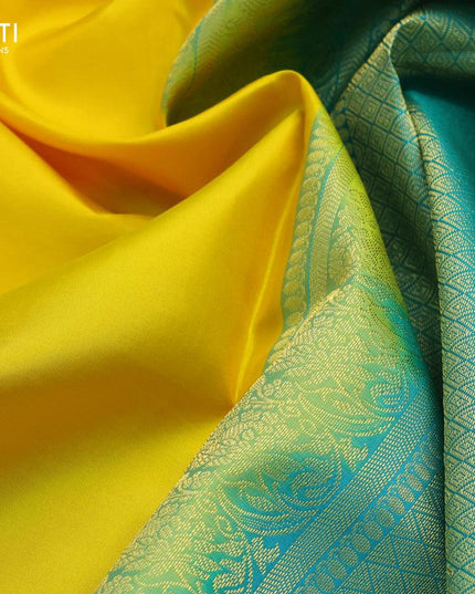 Pure kanjivaram silk saree yellow and teal blue shade with zari woven buttas and floral design zari woven border - {{ collection.title }} by Prashanti Sarees
