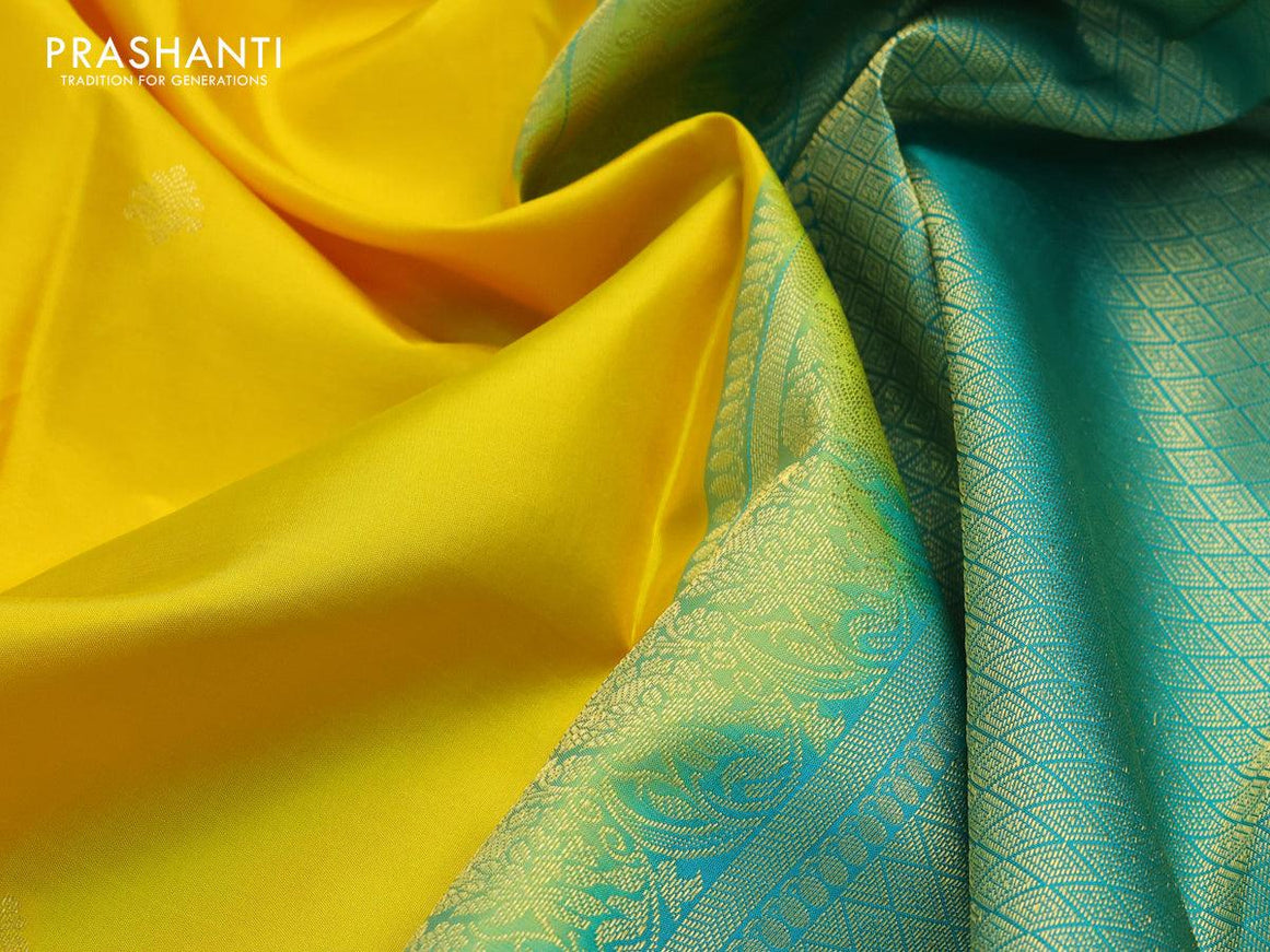 Pure kanjivaram silk saree yellow and teal blue shade with zari woven buttas and floral design zari woven border - {{ collection.title }} by Prashanti Sarees