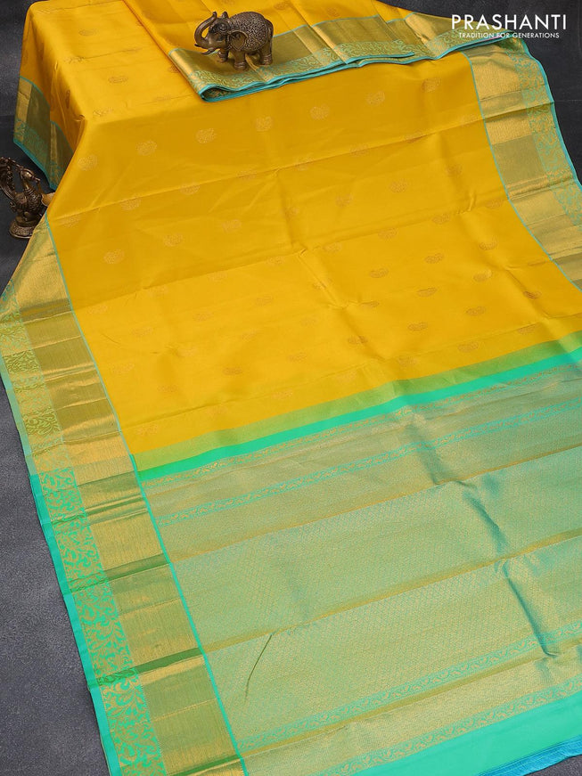 Pure kanjivaram silk saree yellow and teal blue with paisley zari woven buttas and zari woven border - {{ collection.title }} by Prashanti Sarees