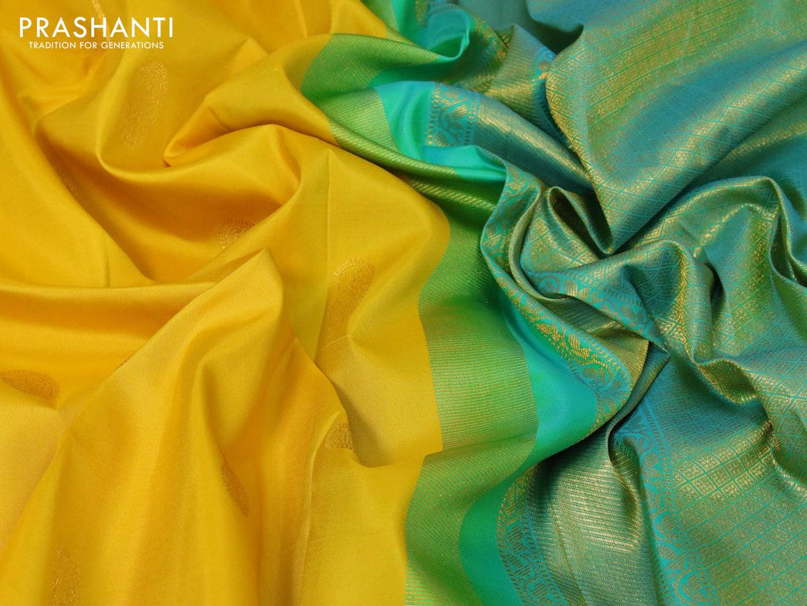 Pure kanjivaram silk saree yellow and teal blue with paisley zari woven buttas and zari woven border - {{ collection.title }} by Prashanti Sarees