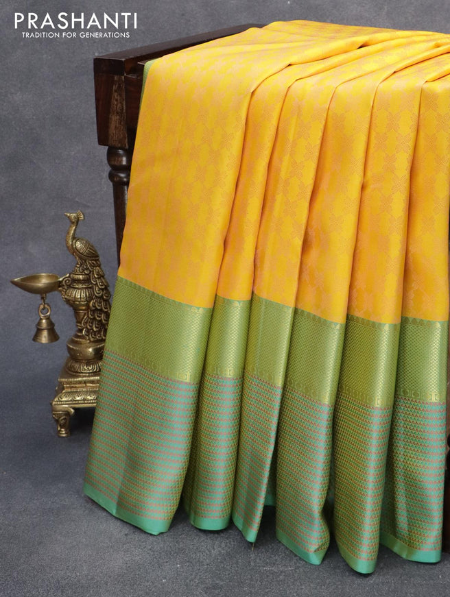 Pure kanjivaram silk saree yellow and teal green with allover self emboss and thread & zari woven border - {{ collection.title }} by Prashanti Sarees