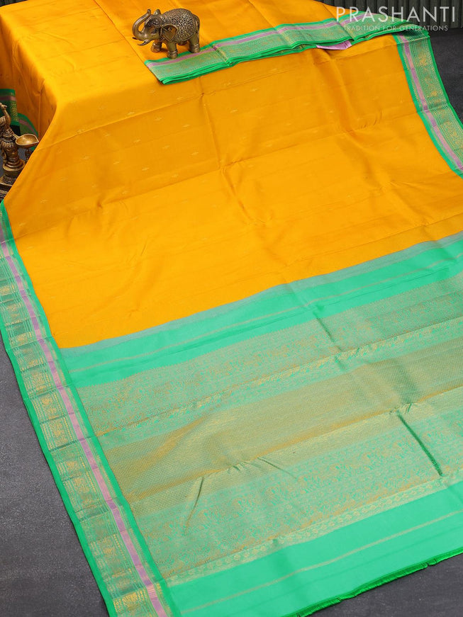 Pure kanjivaram silk saree yellow and teal green with zari woven buttas and annam zari woven border - {{ collection.title }} by Prashanti Sarees