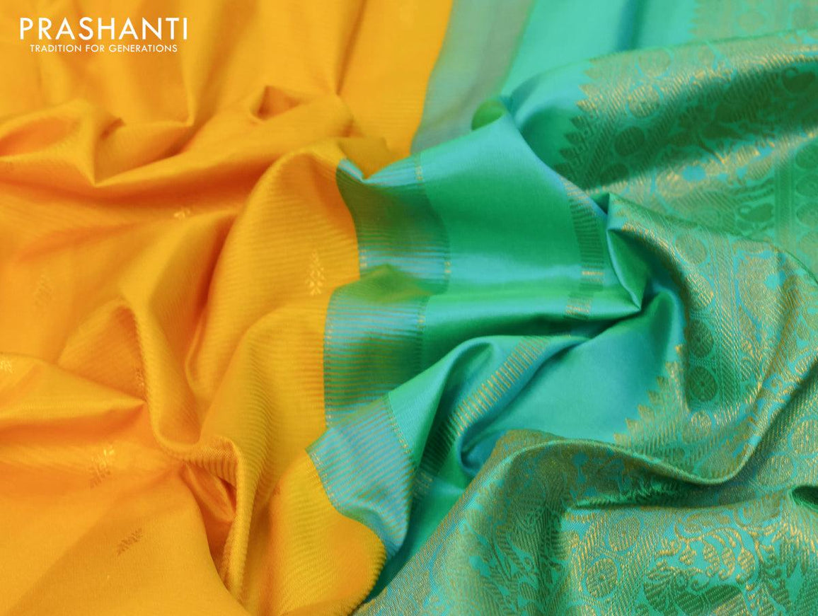 Pure kanjivaram silk saree yellow and teal green with zari woven buttas and annam zari woven border - {{ collection.title }} by Prashanti Sarees