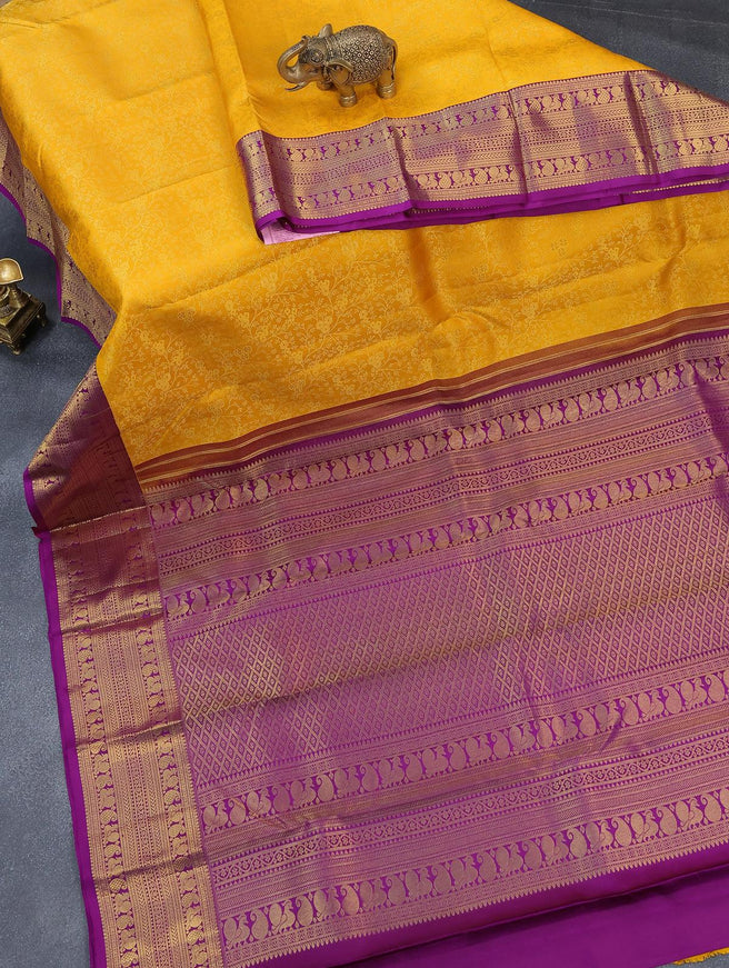 Pure kanjivaram silk saree yellow and violet with allover zari woven floral design brocade pattern and annam design zari woven border - {{ collection.title }} by Prashanti Sarees