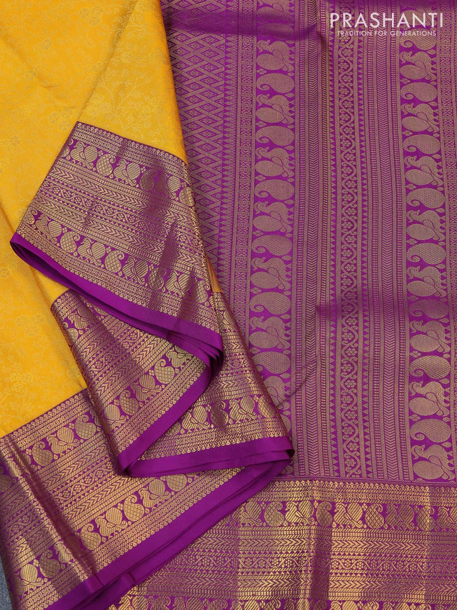 Pure kanjivaram silk saree yellow and violet with allover zari woven floral design brocade pattern and annam design zari woven border - {{ collection.title }} by Prashanti Sarees